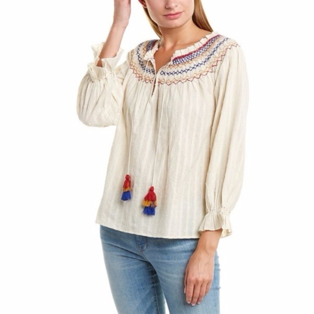 Velvet by Graham & Spencer Boho Embroidered Smocked Top size XS